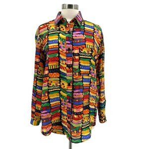 Vintage ONI Womens Medium Button Shirt Silk Top Multicolor Retro Nineties